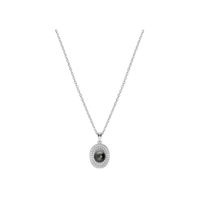 Collier argent rhodié pendentif perle de culture de tahiti véritable 7mm et contour oxydes blancs sertis 42+3cm