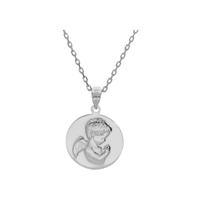 Collier argent rhodié pendentif médaille angelot en relief 40+5cm