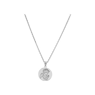 Collier argent rhodié pendentif médaille angelot en relief 40+5cm