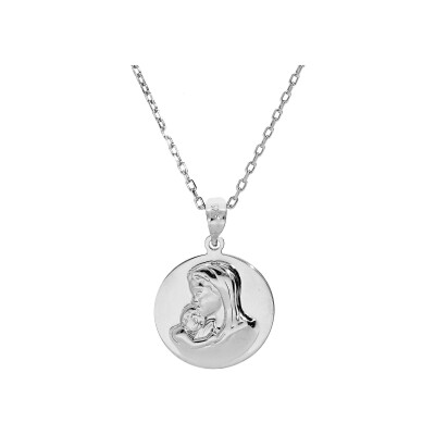 Collier argent rhodié pendentif médaille vierge et l'enfant en relief 40+5cm