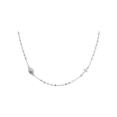 Collier argent rhodié boules croix et médaille religieuse 43,5cm