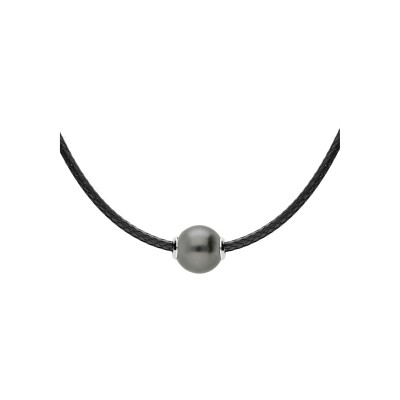 Collier argent rhodié cordon coton ciré 2mm avec perle de culture de tahiti 40+5cm