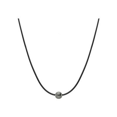 Collier argent rhodié cordon coton ciré 2mm avec perle de culture de tahiti 40+5cm