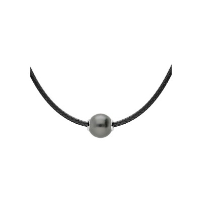 Collier argent rhodié cordon coton ciré 2mm avec perle de culture de tahiti 50+5cm