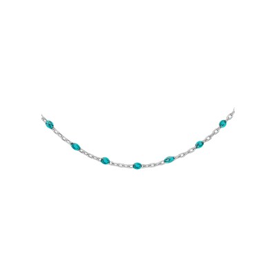 Collier argent rhodié olives résine bleu transparent 40+5cm
