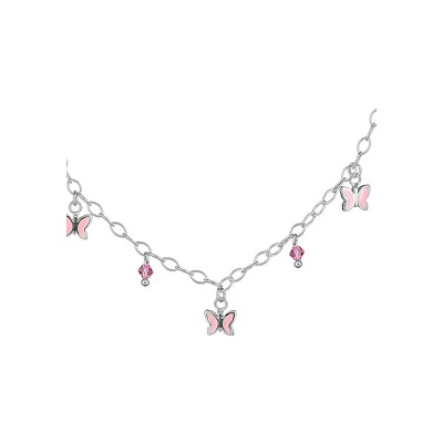 Collier chaînette argent rhodié pampilles papillons roses + perles roses réglable 32+4cm