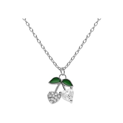 Collier argent rhodié pendentif cerise oxydes forme coeur blancs et verts 39+4cm