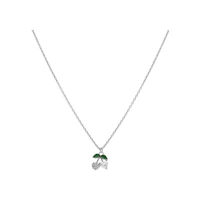Collier argent rhodié pendentif cerise oxydes forme coeur blancs et verts 39+4cm
