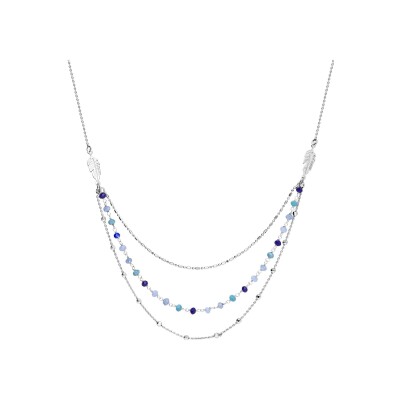 Collier argent rhodié plume 3 rangs pierres synthétiques dégrades bleu 42+3cm