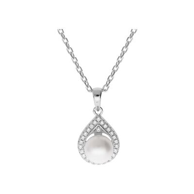 Collier argent rhodié pendentif perle de culture d'eau douce blanche 8mm et contour oxydes blancs sertis 42+3cm