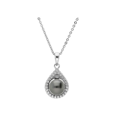 Collier argent rhodié pendentif perle de culture de tahiti véritable 8mm et contour oxydes blancs sertis 42+3cm