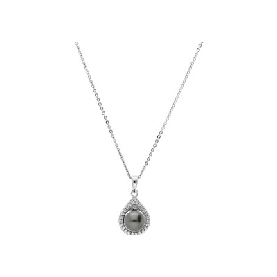 Collier argent rhodié pendentif perle de culture de tahiti véritable 8mm et contour oxydes blancs sertis 42+3cm