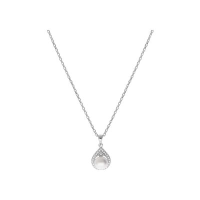 Collier argent rhodié pendentif perle de culture d'eau douce blanche 8mm et contour oxydes blancs sertis 42+3cm