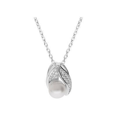 Collier argent rhodié pendentif perle de culture d'eau douce blanche 8mm et oxydes blancs sertis 42+3cm