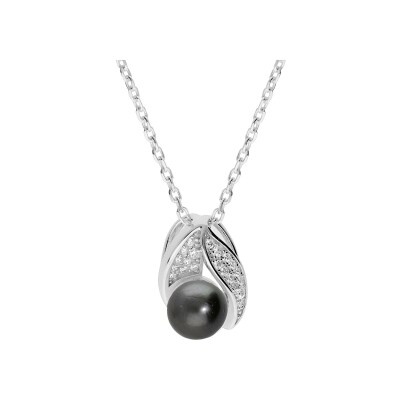 Collier argent rhodié pendentif perle de culture de tahiti véritable et oxydes blancs sertis 42+3cm