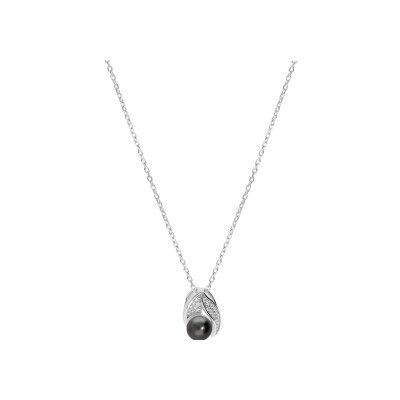 Collier argent rhodié pendentif perle de culture de tahiti véritable et oxydes blancs sertis 42+3cm