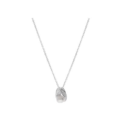 Collier argent rhodié pendentif perle de culture d'eau douce blanche 8mm et oxydes blancs sertis 42+3cm