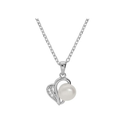 Collier argent rhodié pendentif perle de culture d'eau douce blanche 8mm et oxydes blancs sertis 42+3cm