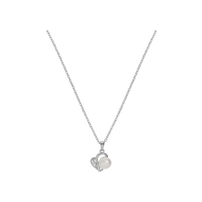 Collier argent rhodié pendentif perle de culture d'eau douce blanche 8mm et oxydes blancs sertis 42+3cm
