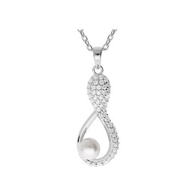 Collier argent rhodié pendentif perle de culture d'eau douce blanche mm et oxydes blancs sertis 42+3cm