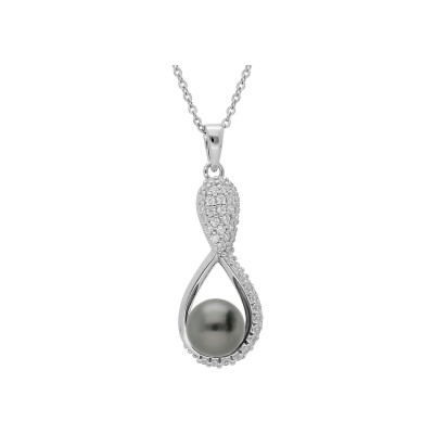 Collier argent rhodié pendentif perle de culture de tahiti véritable 7mm et oxydes blancs sertis 42+3cm