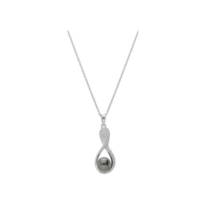 Collier argent rhodié pendentif perle de culture de tahiti véritable 7mm et oxydes blancs sertis 42+3cm
