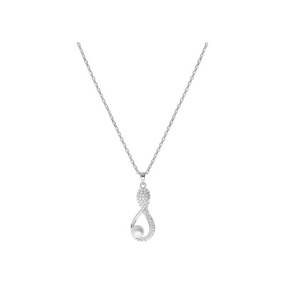Collier argent rhodié pendentif perle de culture d'eau douce blanche mm et oxydes blancs sertis 42+3cm