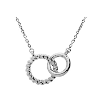 Collier argent rhodié double anneaux entremêlés lisse et torsade 40+4cm
