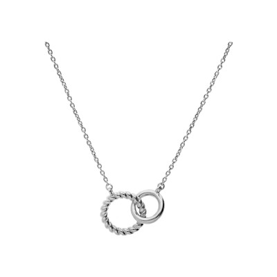 Collier argent rhodié double anneaux entremêlés lisse et torsade 40+4cm