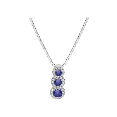 Collier argent rhodié pendentif 3 pierres bleues synthétiques en chute et contour oxydes blancs sertis 42+3cm