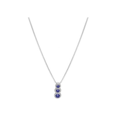 Collier argent rhodié pendentif 3 pierres bleues synthétiques en chute et contour oxydes blancs sertis 42+3cm