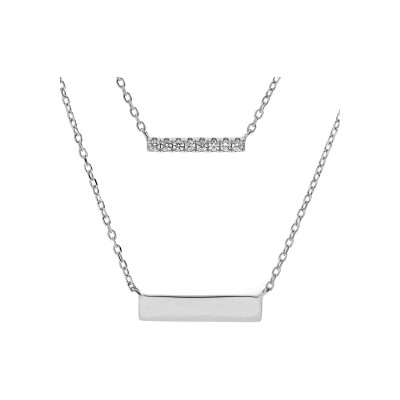 Collier argent rhodié double chaîne 2 motifs rectangulaire 1 avec oxydes blancs sertis et 1 lisse 40+5cm