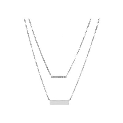 Collier argent rhodié double chaîne 2 motifs rectangulaire 1 avec oxydes blancs sertis et 1 lisse 40+5cm