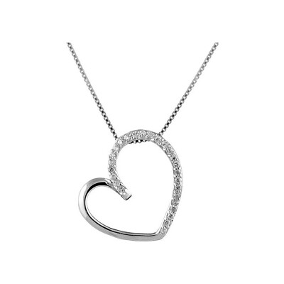 Collier argent rhodié pendentif coeur pierres blanches 42cm