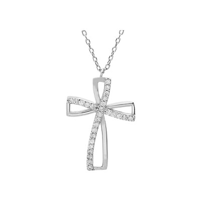 Collier argent rhodié pendentif croix oxyde blanc serti 40+5cm