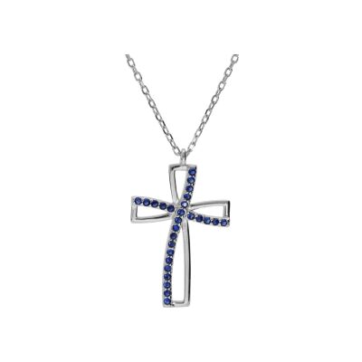 Collier argent rhodié pendentif croix oxyde bleu serti 40+5cm