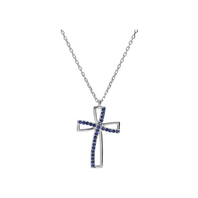 Collier argent rhodié pendentif croix oxyde bleu serti 40+5cm