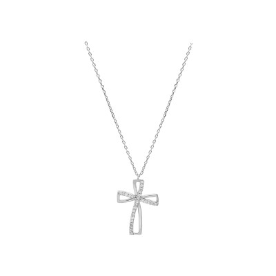 Collier argent rhodié pendentif croix oxyde blanc serti 40+5cm