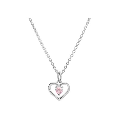 Collier argent platiné pendentif coeur oxyde rose 35+5cm