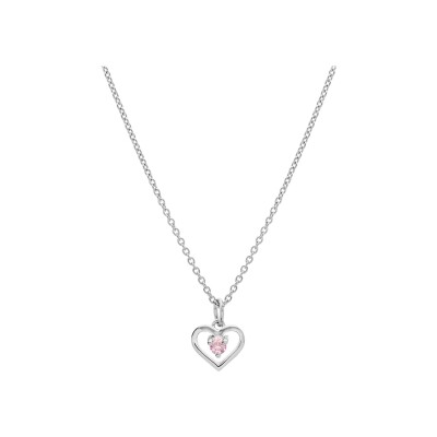 Collier argent platiné pendentif coeur oxyde rose 35+5cm
