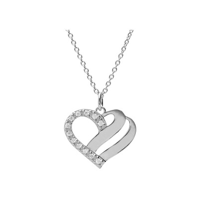 Collier argent platiné coeur à graver avec oxydes blancs sertis 42+3cm