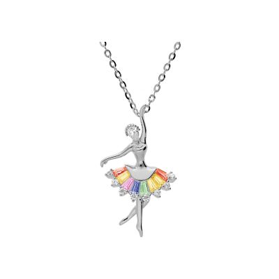 Collier argent rhodié pendentif danseuse oxydes multi couleurs sertis 43cm réglable 41 et 39cm