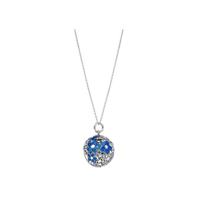 Collier argent rhodié bola de grossesse grosse boule ajourée fleurs bleues 90+10cm