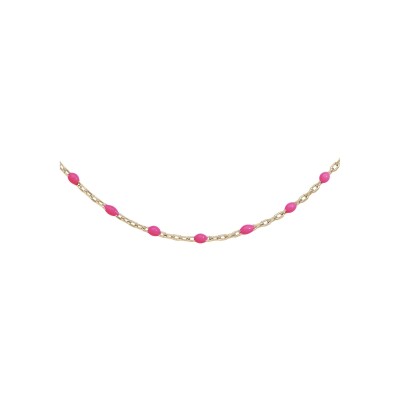 Collier argent et dorure jaune olives résine rose fluo 40+5cm