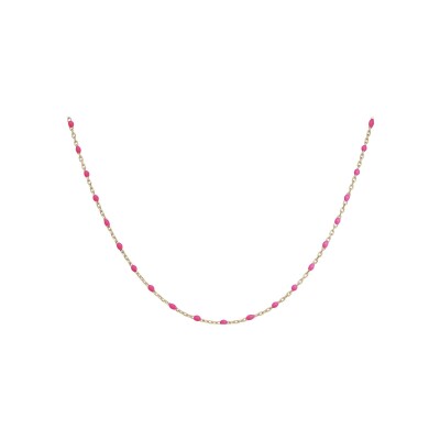 Collier argent et dorure jaune olives résine rose fluo 40+5cm
