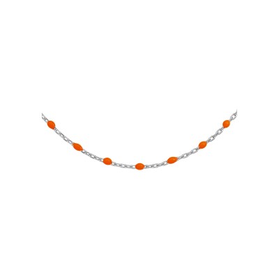 Collier argent rhodié olives résine orange fluo 40+5cm