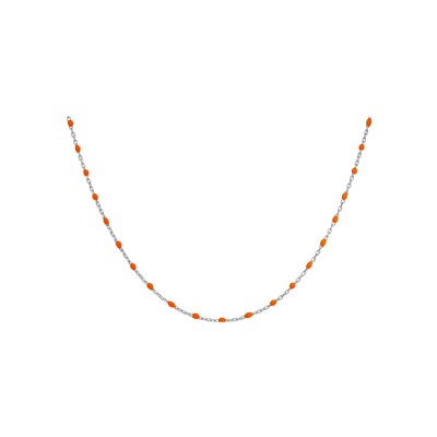 Collier argent rhodié olives résine orange fluo 40+5cm