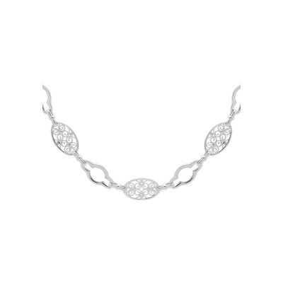 Collier argent rhodié filigrane ovale et maillons ajourés 40+5cm