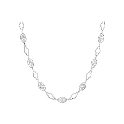 Collier argent rhodié filigrane ovale et maillons ajourés 40+5cm