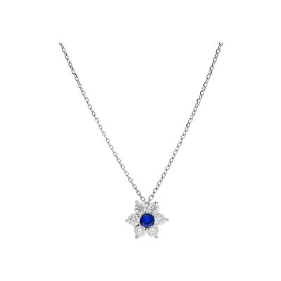 Collier argent rhodié pendentif fleur marguerite oxydes centre bleu foncé et contour blancs sertis 40+5cm